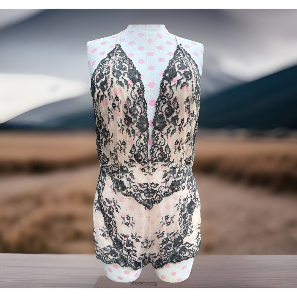 Free People Intimately Womens L Lace Lingerie Bodysuit Sheer Floral Black Tan